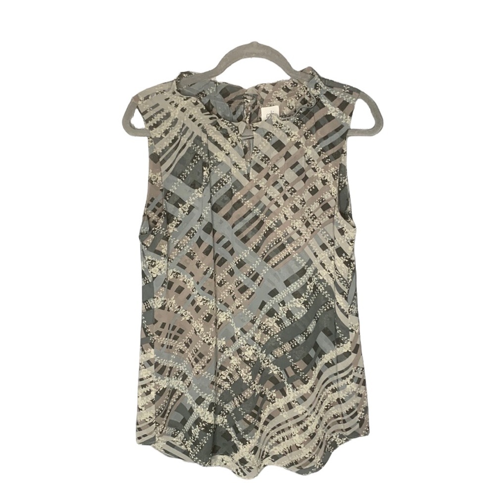 CAbi Women's Size M Graph Trellis Gray Top Blouse Ruffle Neck‎ Sleeveless #3451
